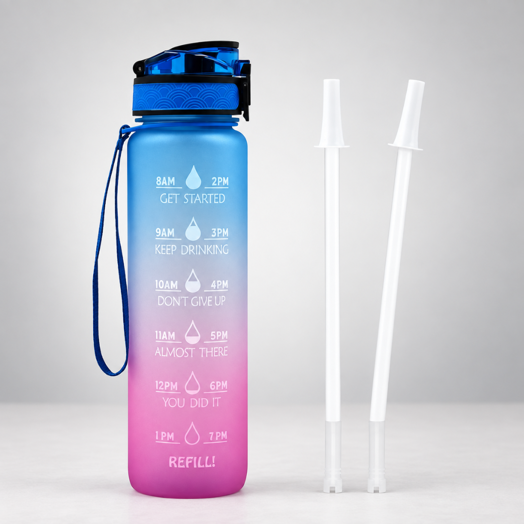 Trinkflasche mit Zeitmarkierungen 1000ml, Motivation zur Flüssigkeitsaufnahme, BPA-frei, Sport, Fitness, Flüssigkeitsversorgung, Zeitplan, täglich | Sansoti