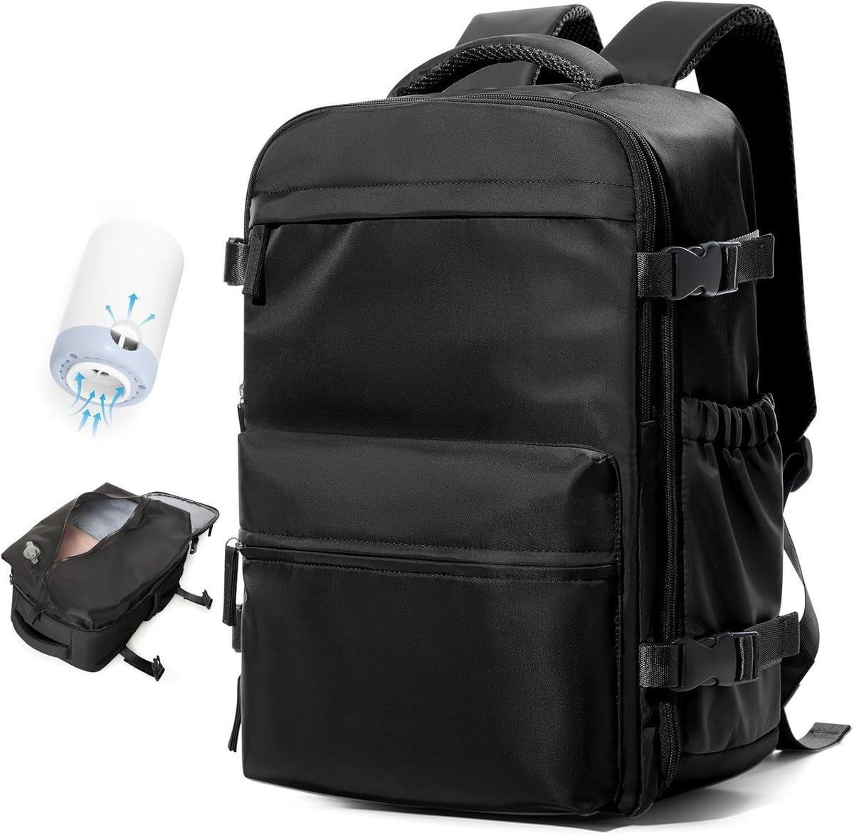 Kompressions-Reiserucksack mit Vakuumpumpe 42x28x15cm, wasserdicht, Oxford, Laptopfach 17 Zoll, Schwarz Beige Grau | Sansoti