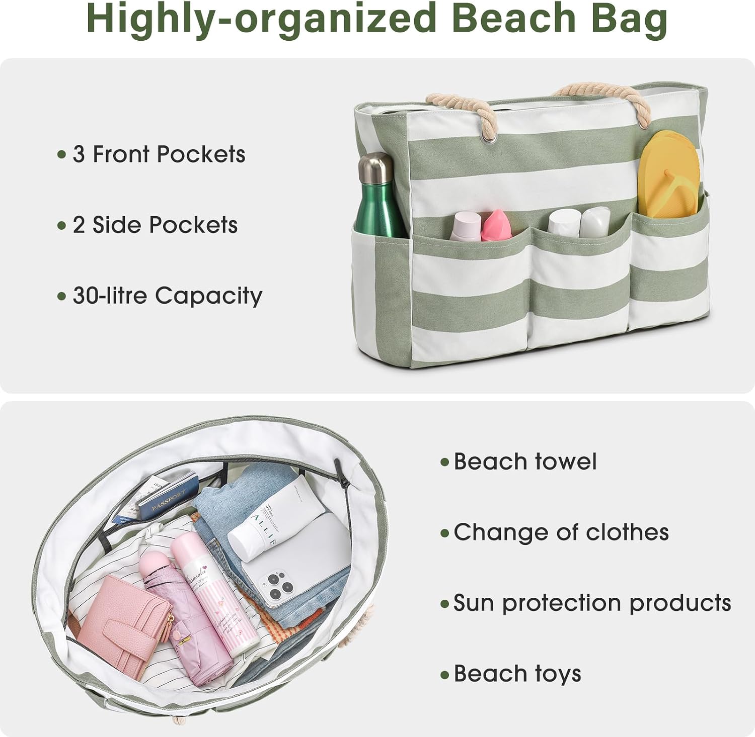 Strandtas XXL Canvas met Rits Waterdicht 7 Vakken Zandvrij Zwembadtas Reistas Shopper Schoudertas voor Vakantie | Sansoti