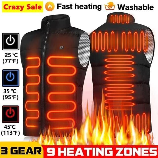 Elektrische beheizbare Weste, Unisex, Schwarz, 3 Wärmezonen, einstellbare Temperatur, für Winter und Outdoor-Aktivitäten | Sansoti