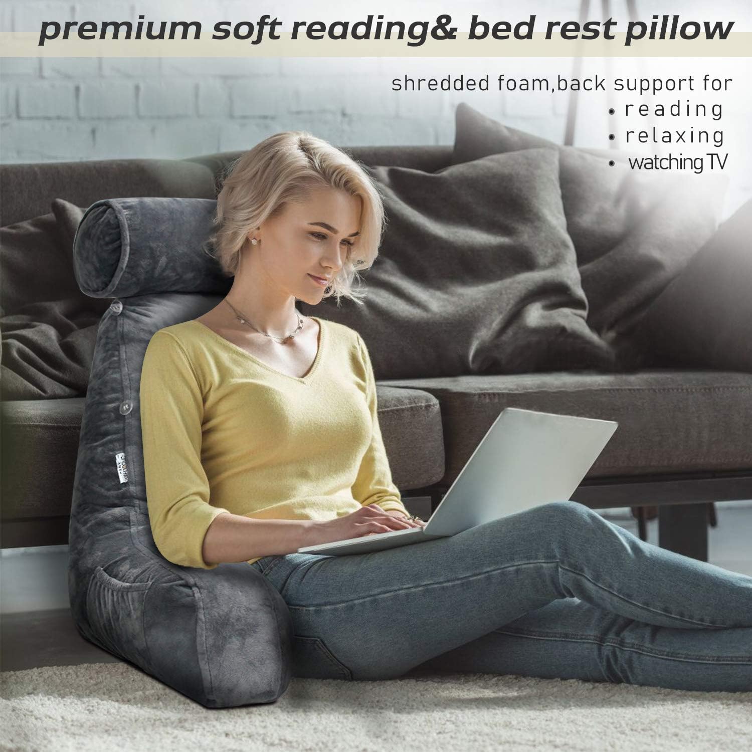 Coussin de lecture ergonomique avec accoudoirs 75x45cm en velours, réglable, pour lit et canapé, soutien du dos, confort et détente | Sansoti