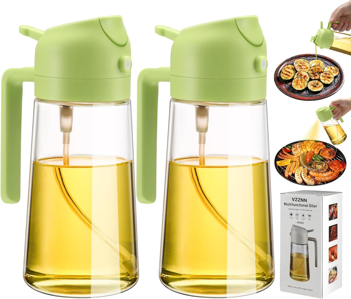 Glazen Olieverstuiver met Doseerder Set van 2 Keukenflessen 470ml Groen voor Olie Azijn Sauzen Koken | Sansoti