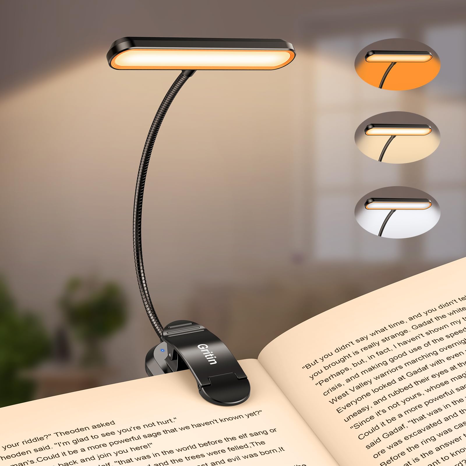Rechargeable Reading Lamp with 19 LEDs – 3 Color Temperatures & 5 Brightness Levels – Flexible Adjustable Neck – Clamp Design for Book & E-reader – USB-C – Ideal for Night Reading | Sansoti