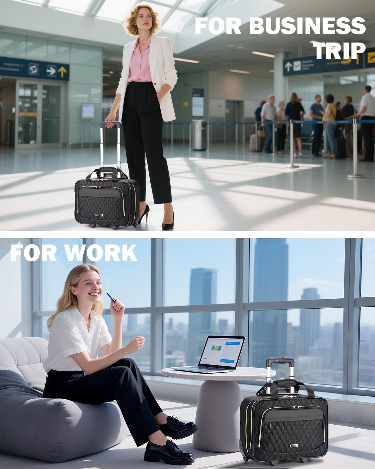Trolley-Laptoptasche 15,6 Zoll Schwarz mit Rollen und Teleskopgriff für geschäftliche Nutzung und professionelles Reisen | Sansoti