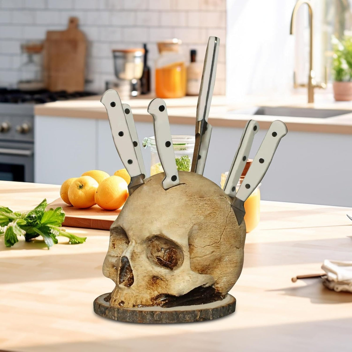 Skull-Shaped Knife Block with Fruit Bowl Gothic Design Storage Rack Kitchen Decoration Horror Kitchenware | Sansoti