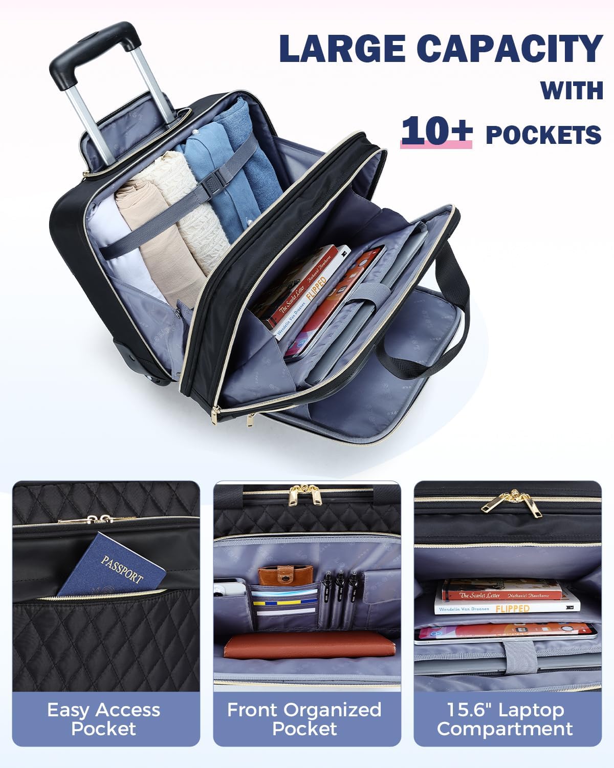 Trolley-Laptoptasche 15,6 Zoll Schwarz mit Rollen und Teleskopgriff für geschäftliche Nutzung und professionelles Reisen | Sansoti