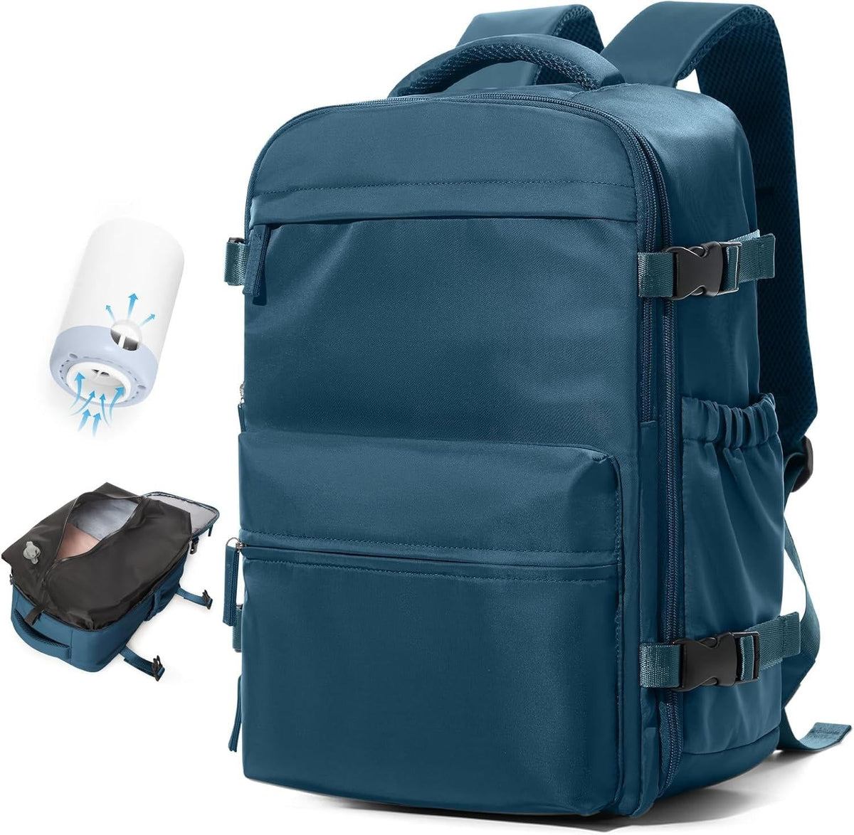 Kompressions-Reiserucksack mit Vakuumpumpe 42x28x15cm, wasserdicht, Oxford, Laptopfach 17 Zoll, Schwarz Beige Grau | Sansoti