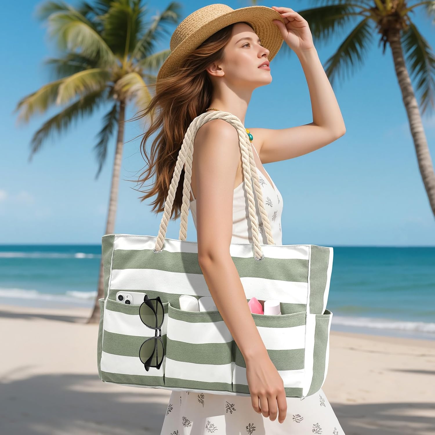 Strandtas XXL Canvas met Rits Waterdicht 7 Vakken Zandvrij Zwembadtas Reistas Shopper Schoudertas voor Vakantie | Sansoti