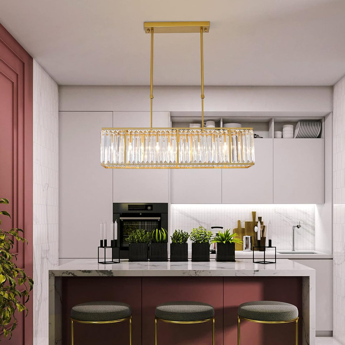Crystal Linear Pendant Light for Kitchen Island, Dining Room Ceiling Chandelier, Scandinavian Design | Sansoti