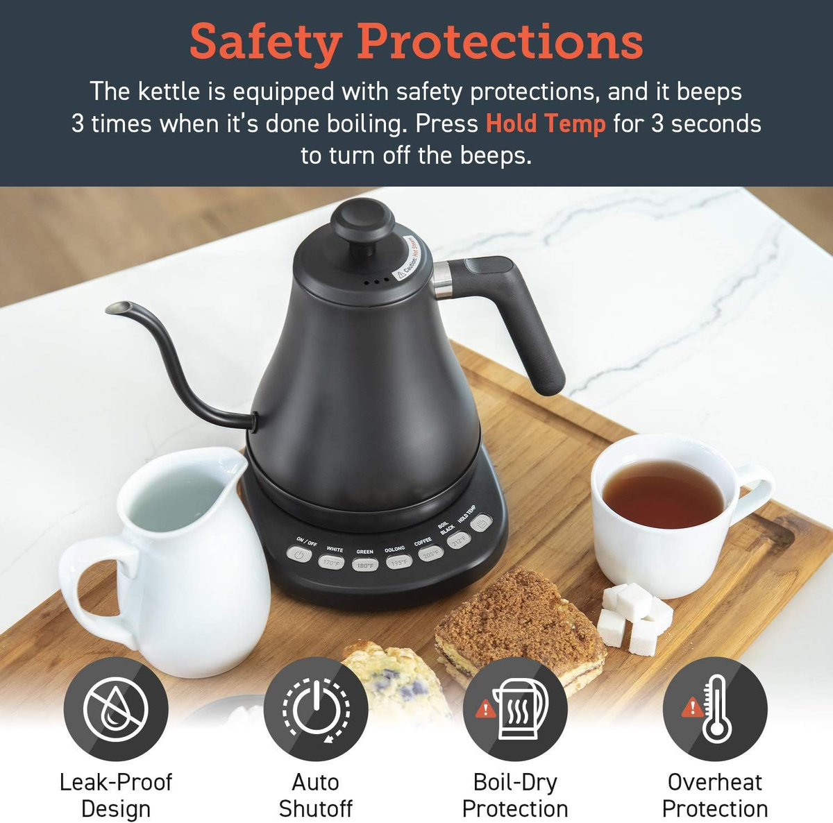 Electric Gooseneck Kettle 0.8L Stainless Steel Black with Precise Temperature Control for Perfect Tea & Coffee | Sansoti