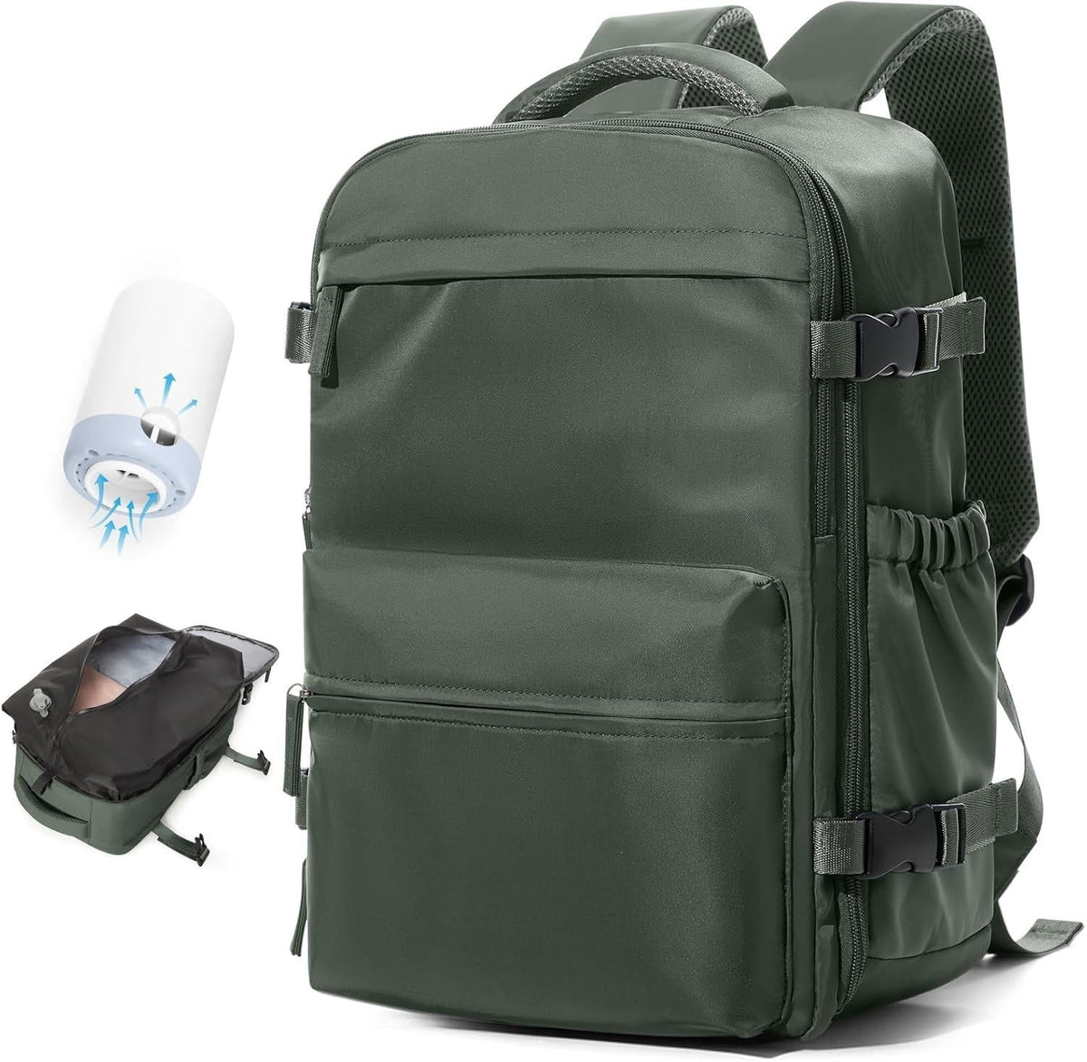 Kompressions-Reiserucksack mit Vakuumpumpe 42x28x15cm, wasserdicht, Oxford, Laptopfach 17 Zoll, Schwarz Beige Grau | Sansoti
