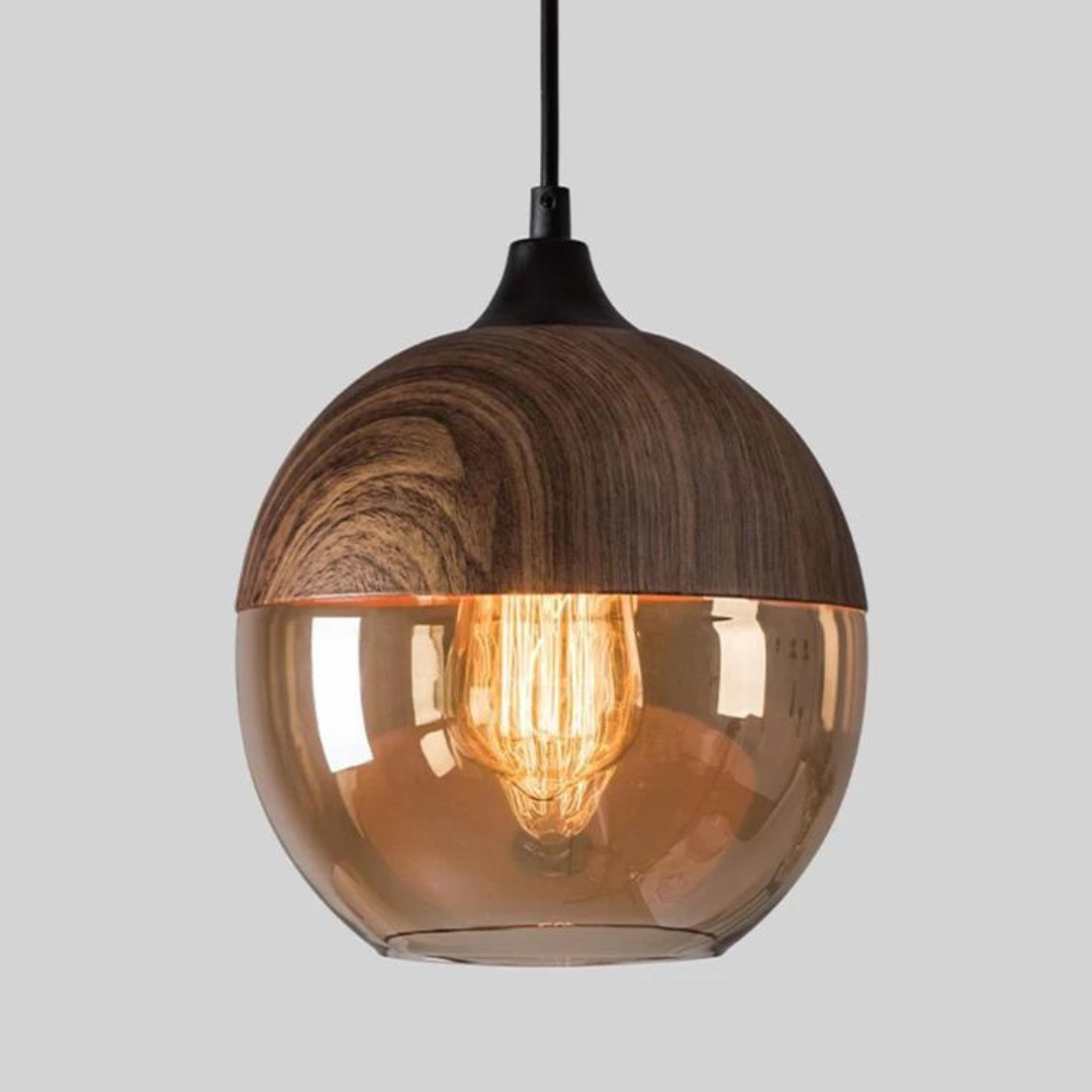 Scandinavische Hanglamp met Glazen Kap – Dimbaar Plafondlicht met Houtafwerking | Sansoti