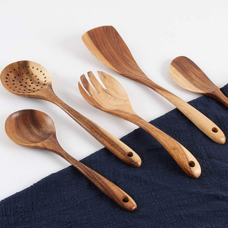 7-teiliges Küchenutensilien-Set aus Teakholz, Löffel, Pfannenwender, Suppenkelle und Öllöffel, langlebiges Naturmaterial | Sansoti