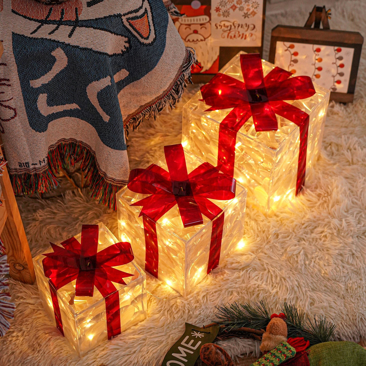 Verlichte Decoratieve Geschenkdozen Set 3 Stuks Metaal Warmwit LED Kerst Wintertafereel Sfeerverlichting | Sansoti