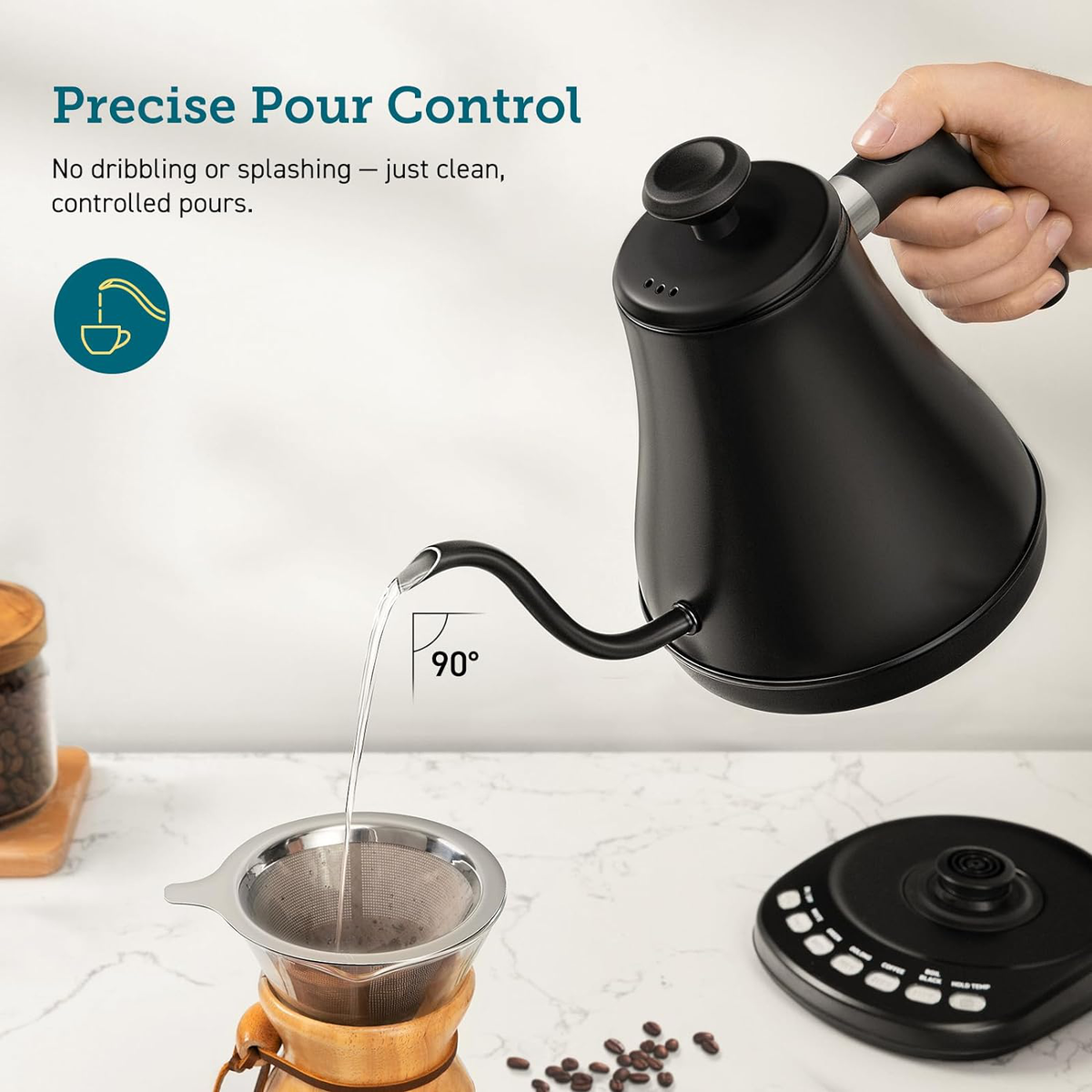 Electric Gooseneck Kettle 0.8L Stainless Steel Black with Precise Temperature Control for Perfect Tea & Coffee | Sansoti