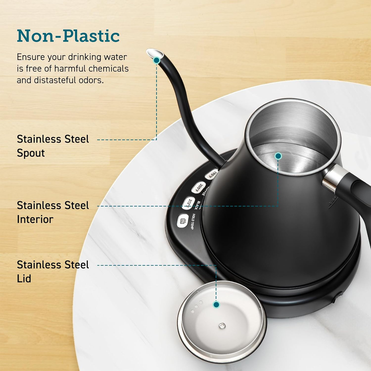 Electric Gooseneck Kettle 0.8L Stainless Steel Black with Precise Temperature Control for Perfect Tea & Coffee | Sansoti
