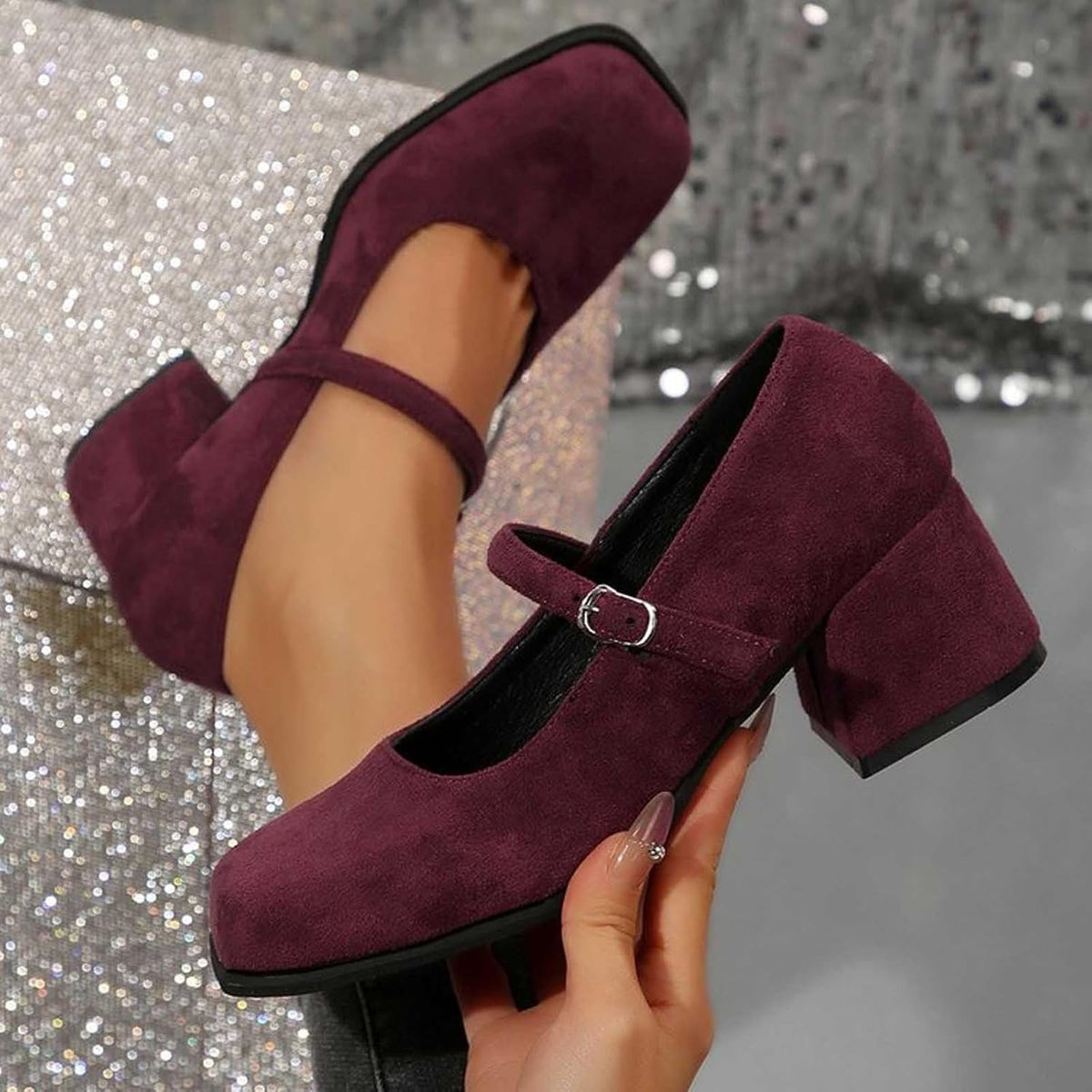 Suède Pumps met Gesp Dames Blokhak 5cm Klassiek Feest Dirndl Schoenen Oktoberfest Stijl Comfortabel Elegant | Sansoti