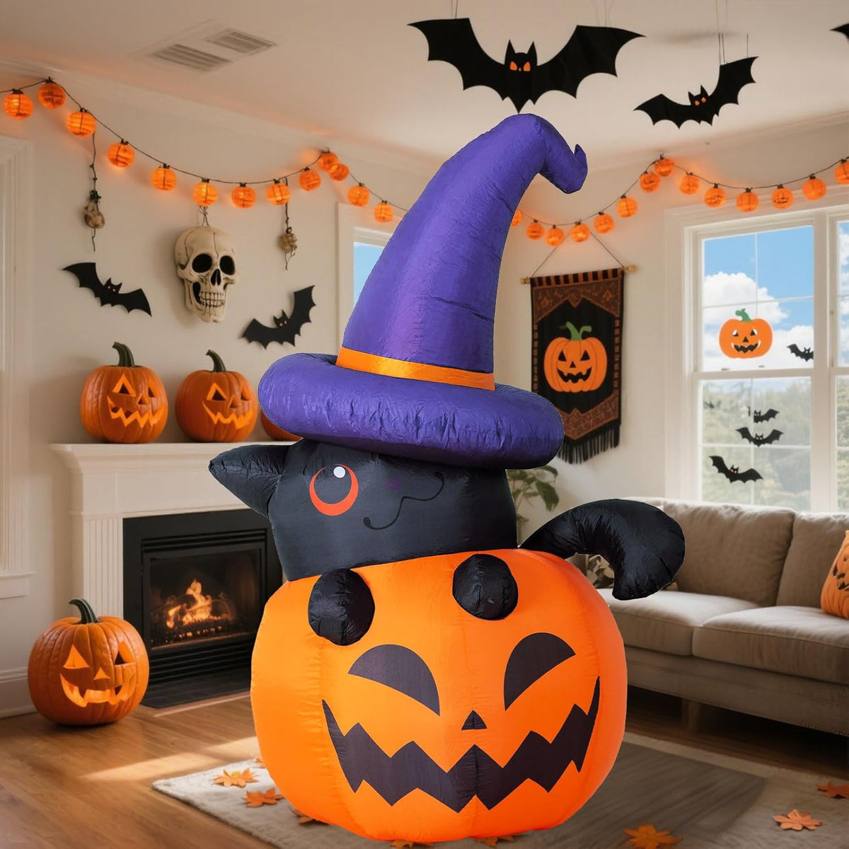 Décoration d'Halloween gonflable sorcière avec citrouille XXL, figurine de jardin avec éclairage LED pour jardin, fêtes et extérieur | Sansoti