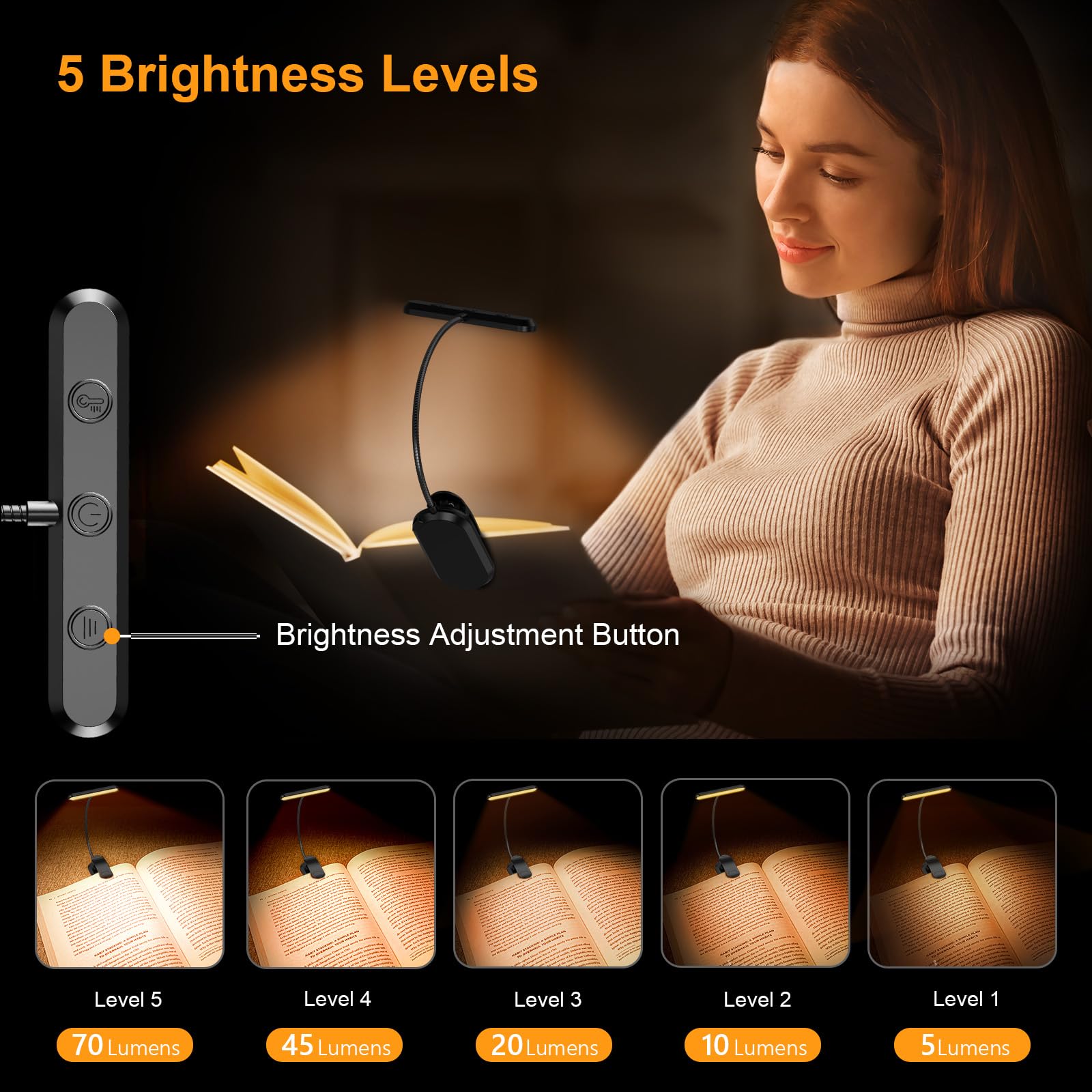 Rechargeable Reading Lamp with 19 LEDs – 3 Color Temperatures & 5 Brightness Levels – Flexible Adjustable Neck – Clamp Design for Book & E-reader – USB-C – Ideal for Night Reading | Sansoti