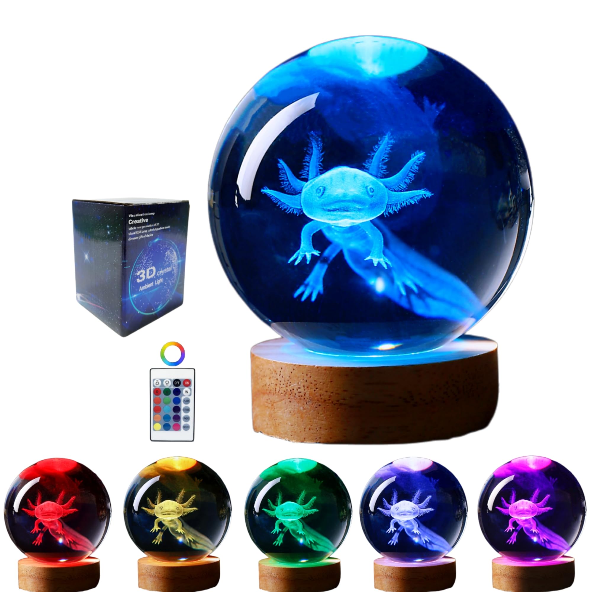 3D Crystal Axolotl Mood Lamp with Wooden Base - 16 Color Light Modes - Ø8cm Crystal Ball with LED Lighting | Sansoti