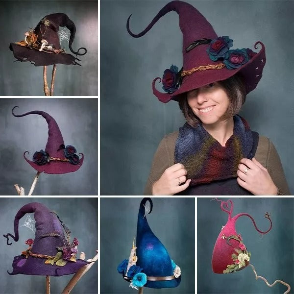 Handgefertigter Hexenhut aus Filzwolle, lila, rot und blau, für Halloween, Partykostüm, Dekoration, Vintage-Accessoire | Sansoti