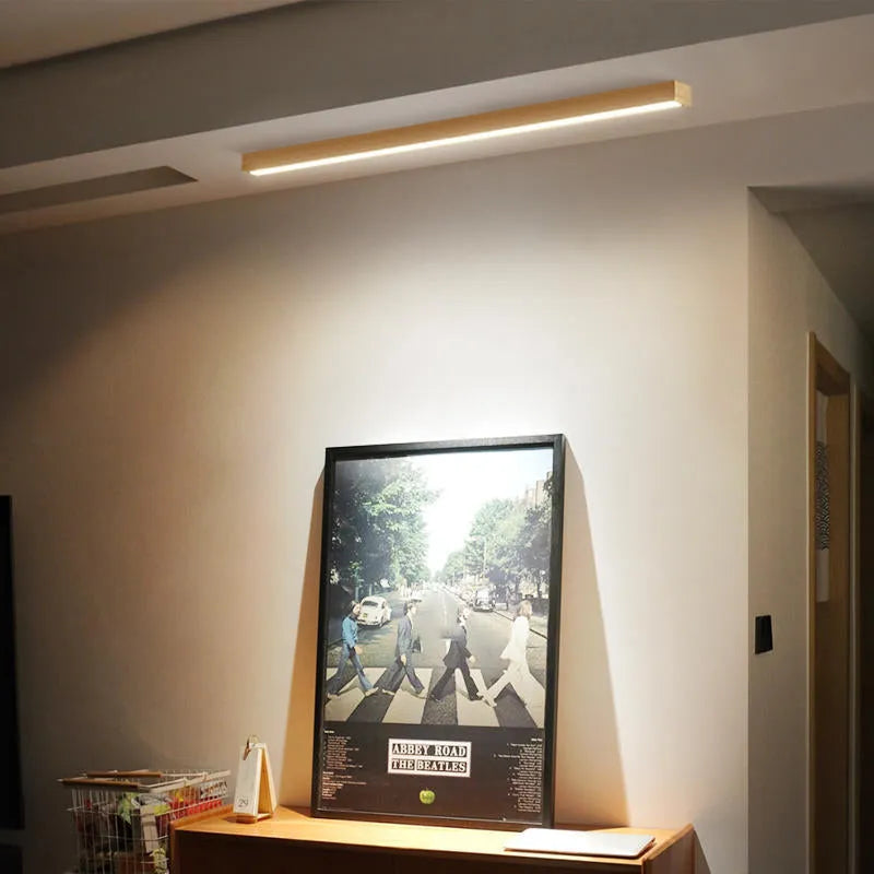 Plafonnier linéaire en bois et acrylique 60 cm 100 cm à LED, trois modes d’éclairage, design moderne scandinave, chambre | Sansoti