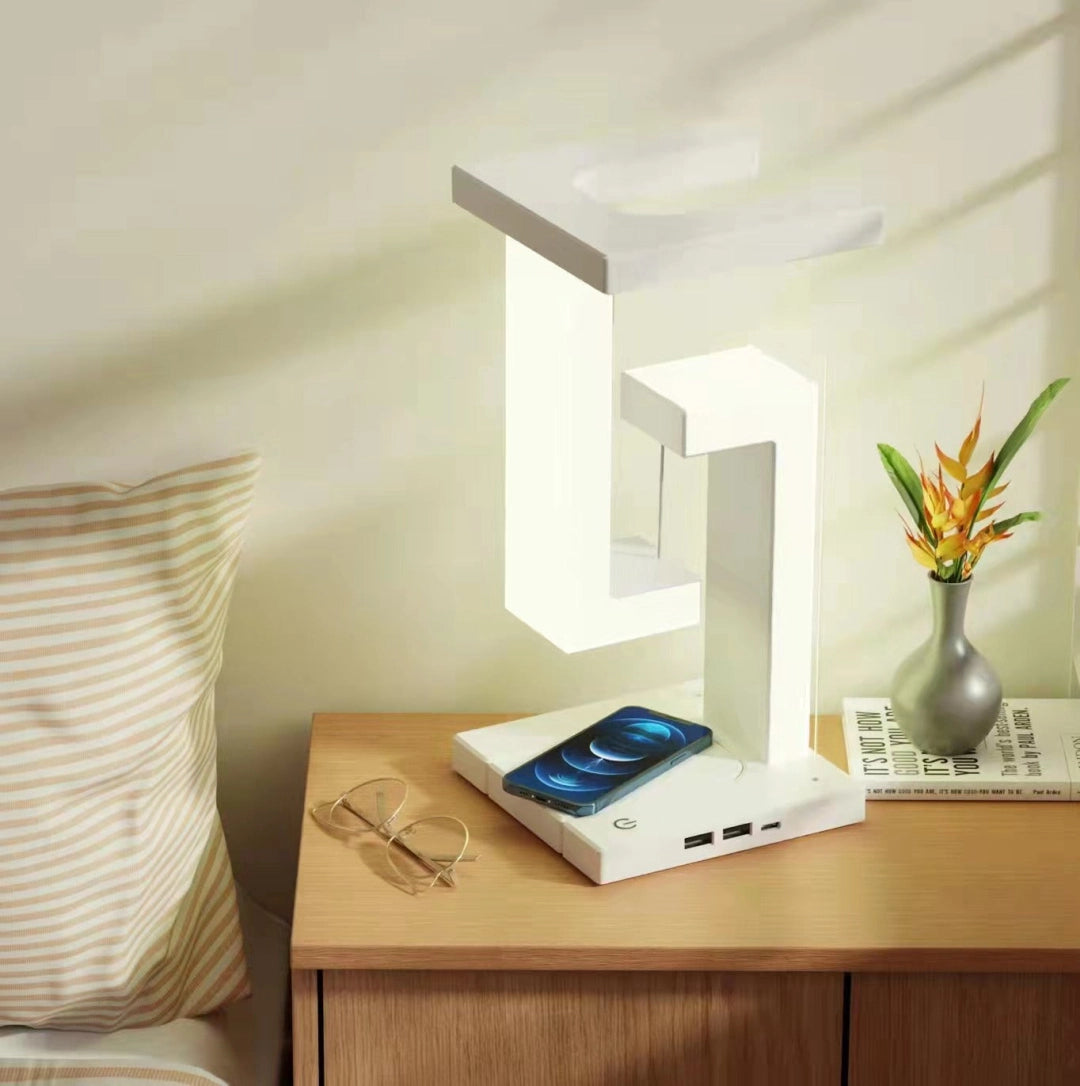 Schwebende Tischlampe mit kabellosem Ladegerät, magnetisch, dimmbar, weiß, für Schreibtisch und Nachttisch, modernes Touch-Bedienfeld | Sansoti