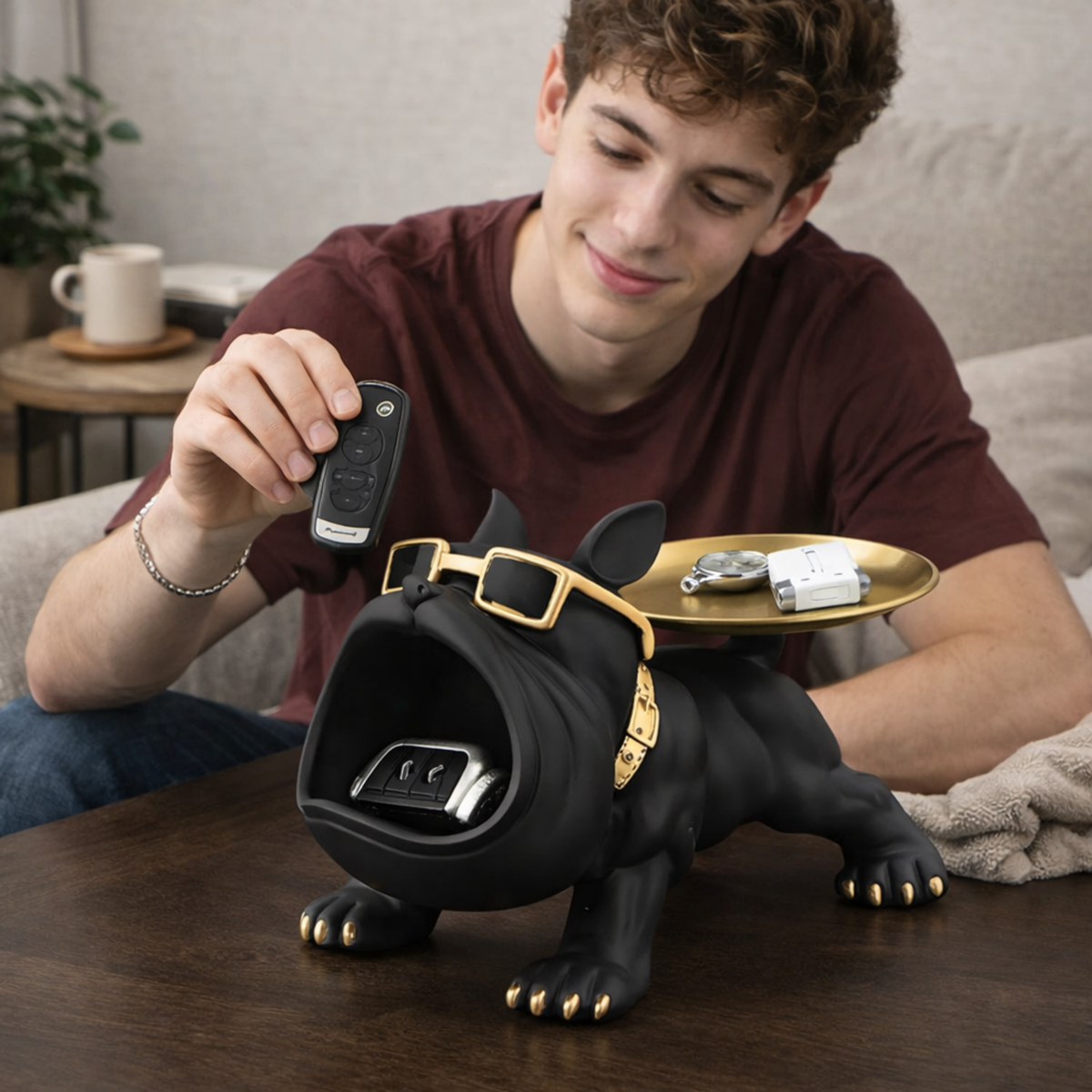 Decorative Bulldog Statue with Storage Space - Resin Organizer for Desk or Living Room, Dog Sculpture Decoration Accessory | Sansoti