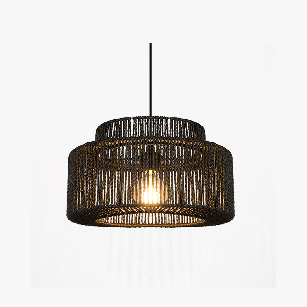 Suspension en rotin noir en forme de tambour, E27, réglable, style rétro champêtre, salle à manger, salon, naturel | Sansoti