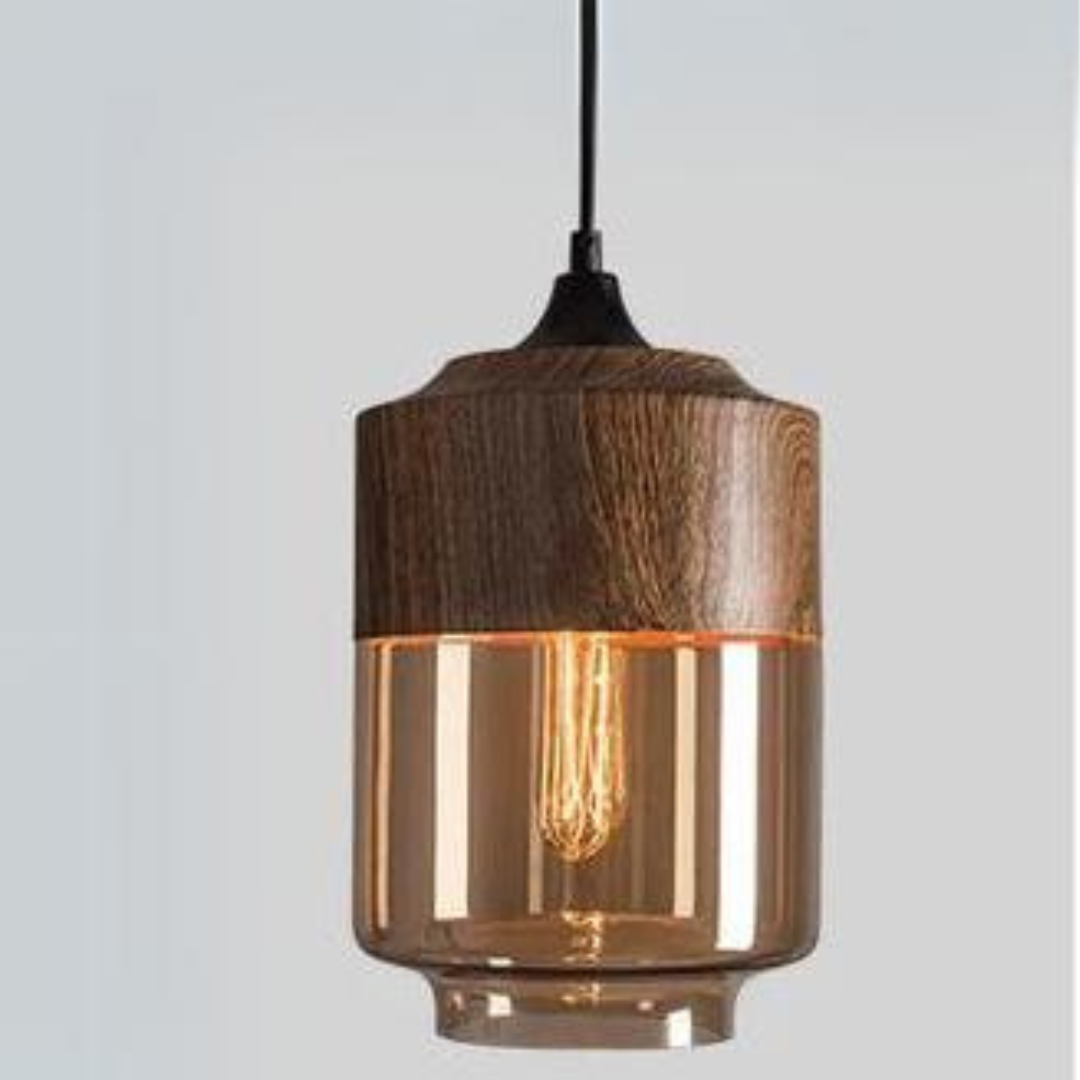 Scandinavische Hanglamp met Glazen Kap – Dimbaar Plafondlicht met Houtafwerking | Sansoti
