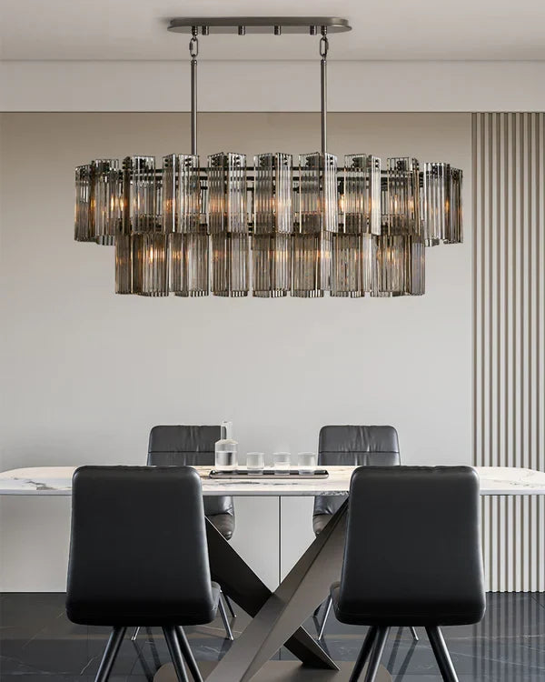 Ovale Kroonluchter Geribbeld Glas Stalen Frame 51-72cm Instelbare Hoogte E12 Fitting Messing Brons Eetkamer | Sansoti