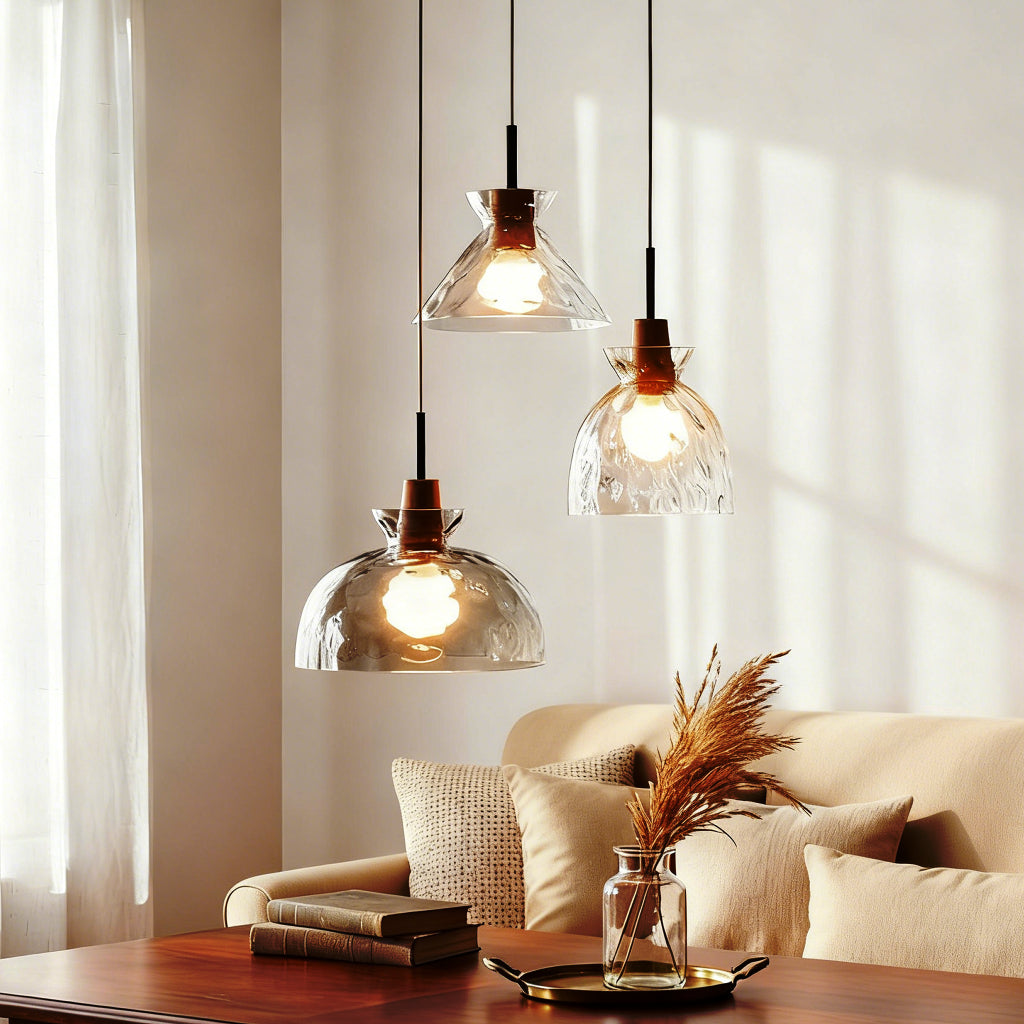 Glazen Hanglamp met Geslepen Koepel en Houten Accenten – Rustieke Eethoekverlichting | Sansoti