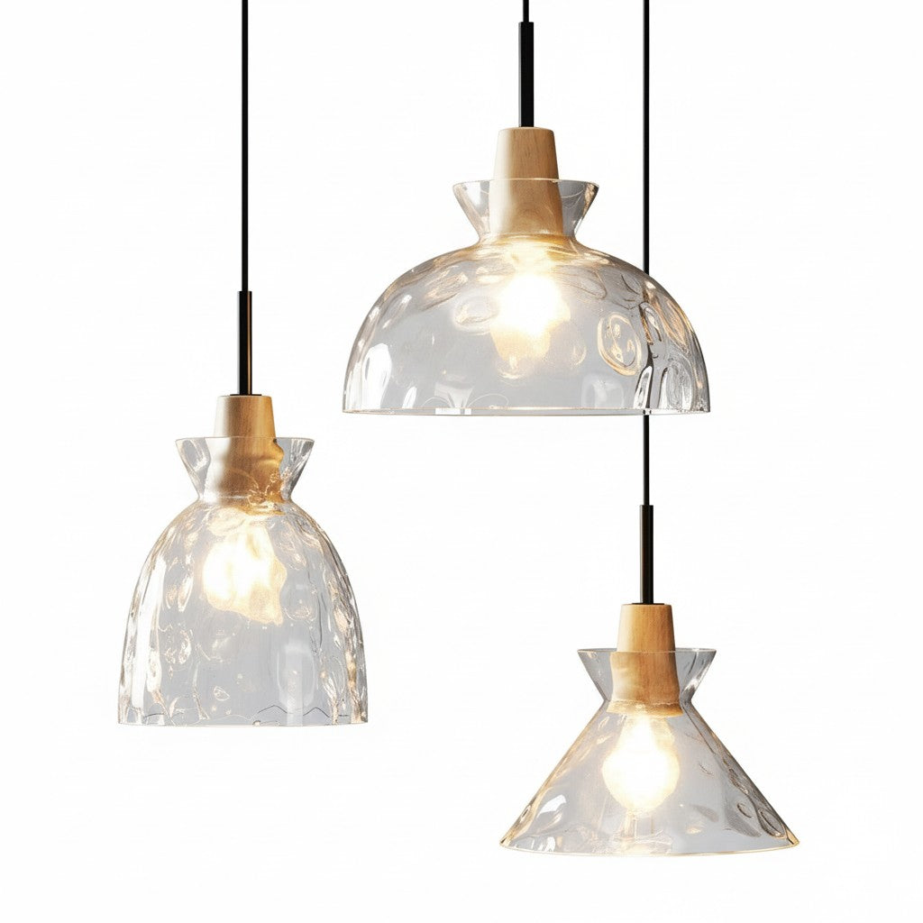 Glazen Hanglamp met Geslepen Koepel en Houten Accenten – Rustieke Eethoekverlichting | Sansoti
