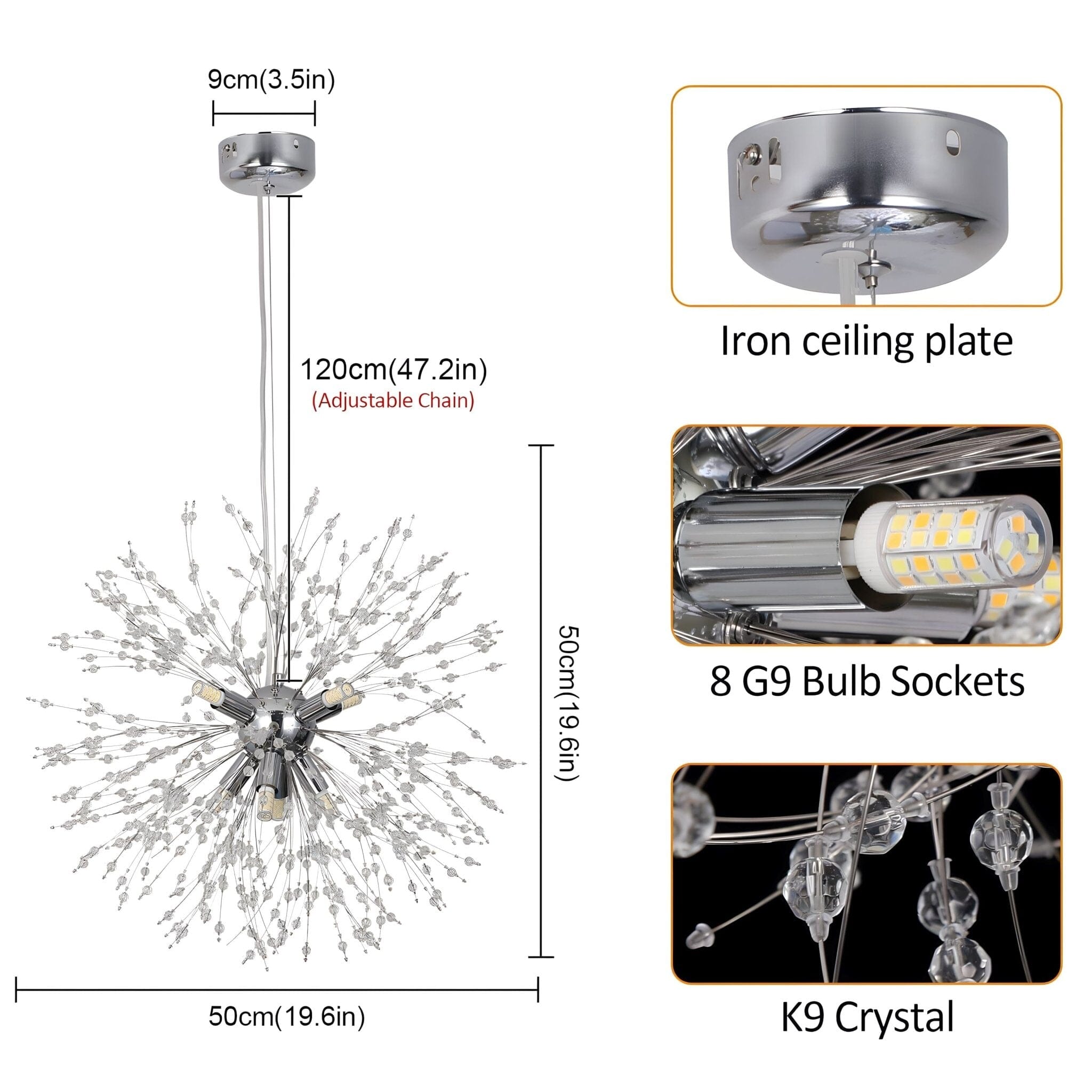 Lustre moderne en cristal pissenlit avec LED G9 et finition métal de luxe | Restfield
