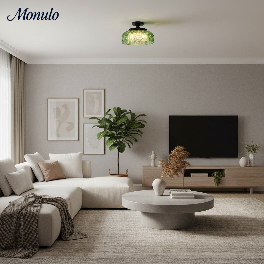 Geribbelde Glazen Plafondlamp met Metalen Armatuur – Minimalistische Verlichting voor Slaapkamer en Gang | Sansoti