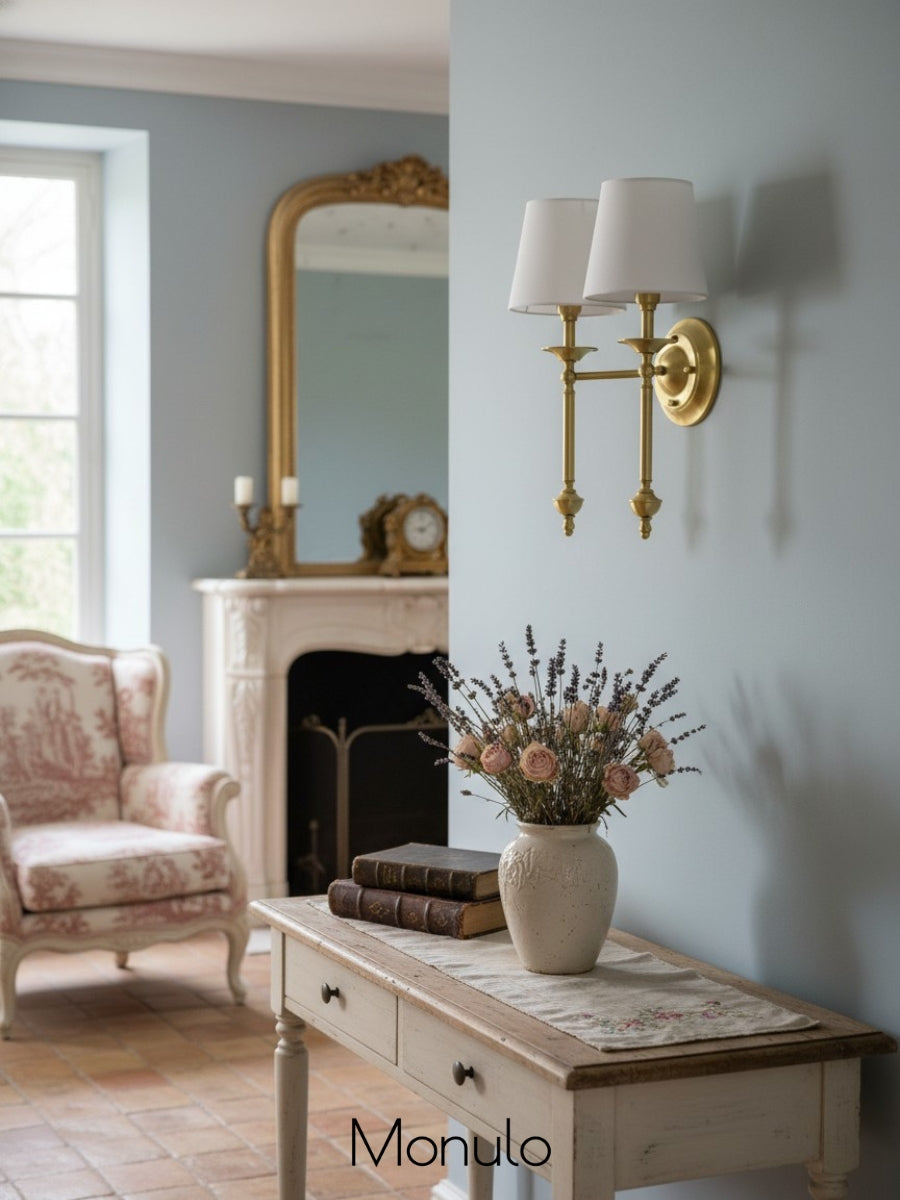 Stoffen Wandlamp met Vintage Koperen Afwerking – Sfeervolle Verlichting voor Hal, Slaapkamer en Woonkamer | Sansoti