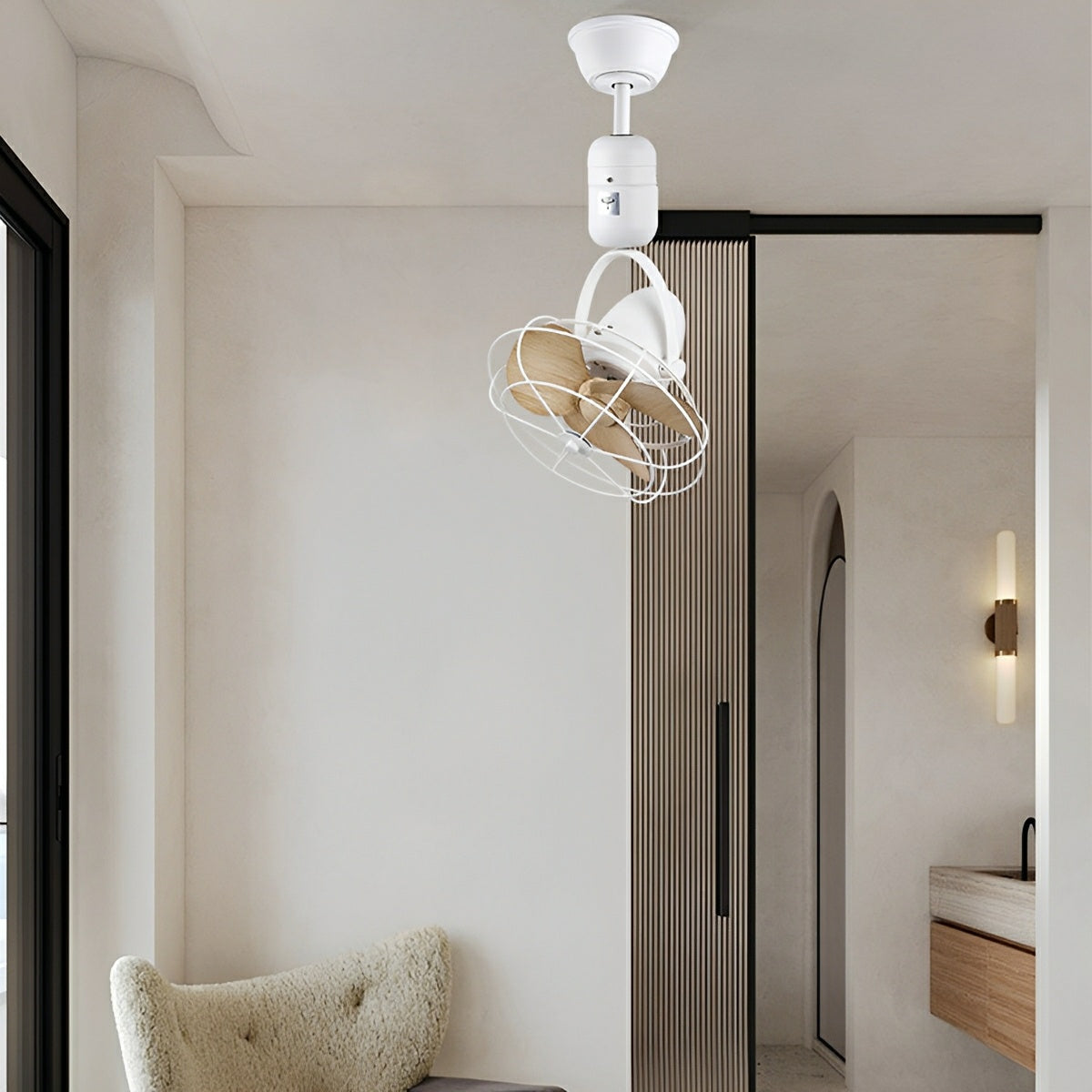 Wandventilator Vintage DC Motor Wit Wand Plafond 6 Snelheden 180° Kantelbaar 80° Draaibaar Slaapkamer Woonkamer Retro Ventilator Afstandsbediening | Sansoti