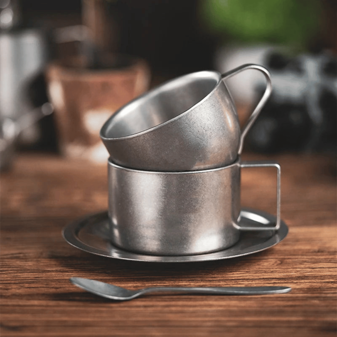 Doppelwandige Kaffeetasse aus Edelstahl mit Untertasse und Löffel, Vintage-Stil, Set, 180-280ml Cappuccino Espresso | Sansoti