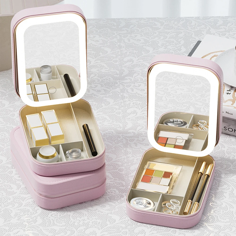 LED Make-up Organizer Box met Spiegel en 3 Lichtinstellingen – Reiskoffer voor Cosmetica | Sansoti