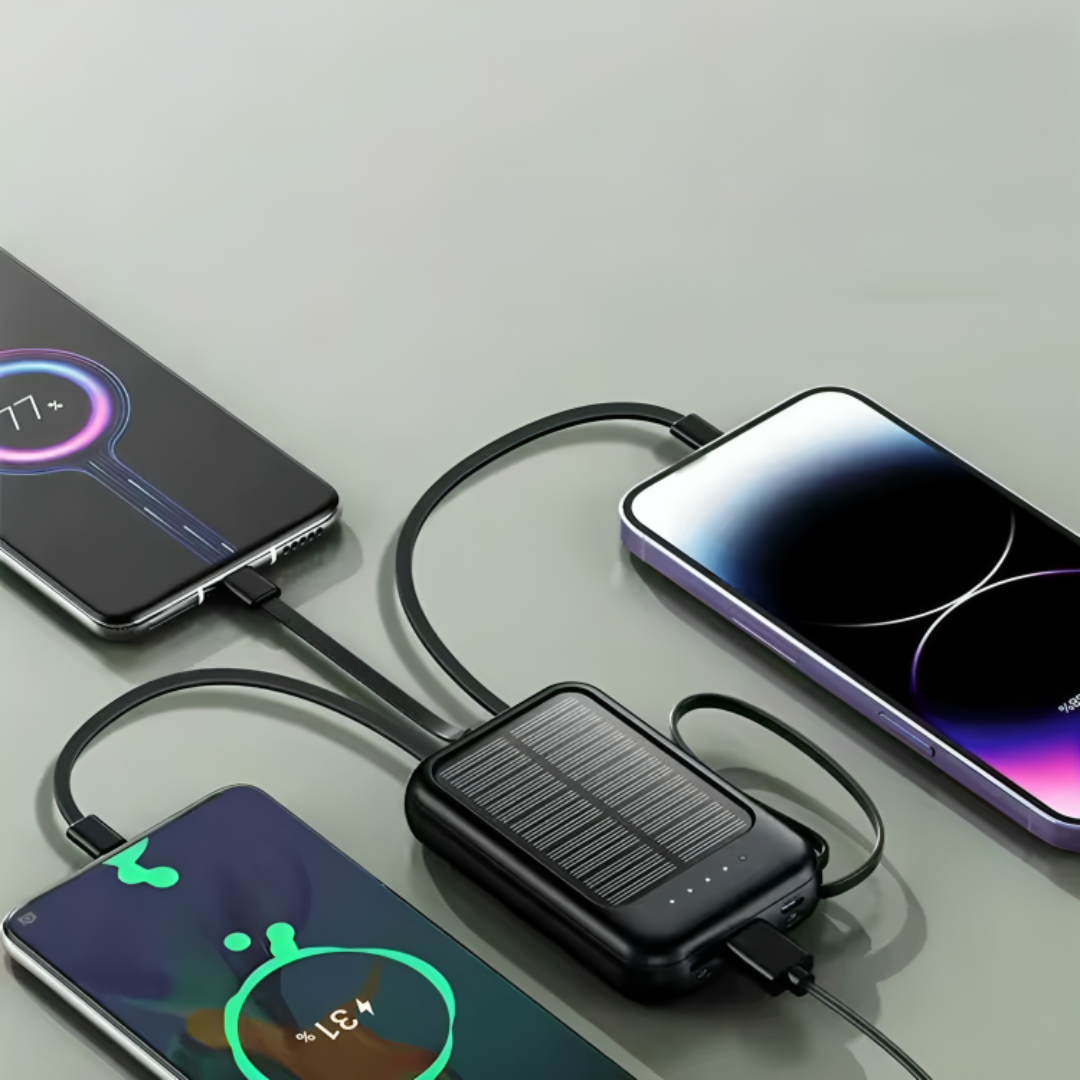 Oplaadbare Powerbank 20000mAh met Zonnepaneel, LED-Zaklamp en Ingebouwde Kabels – Draagbare Noodaccu met Dubbele USB- en Type-C-Aansluiting voor Smartphone en Tablet | Sansoti