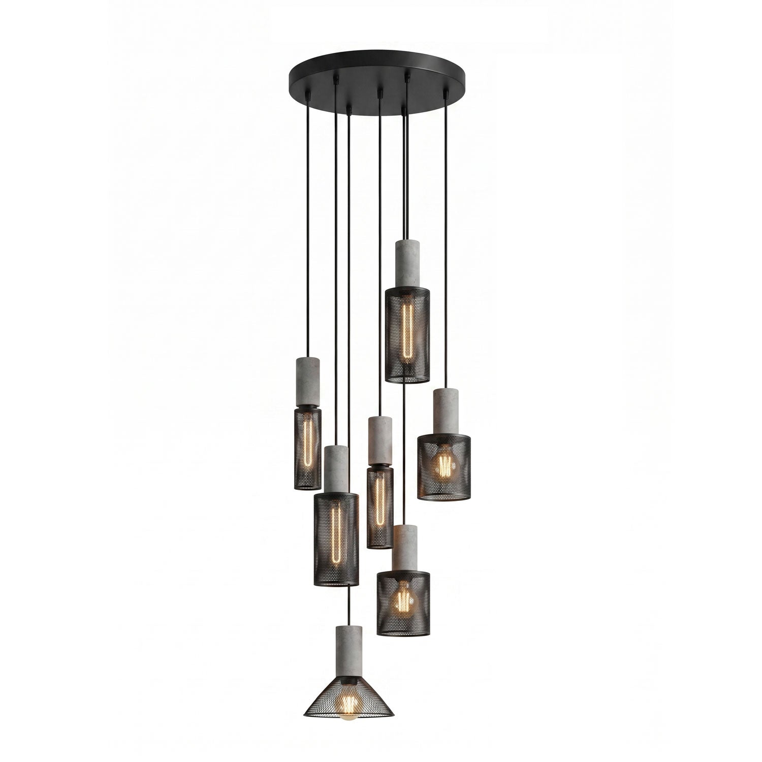 Industriële Hanglamp met Cement & Zwart Mesh — 6 Vormen | Sansoti