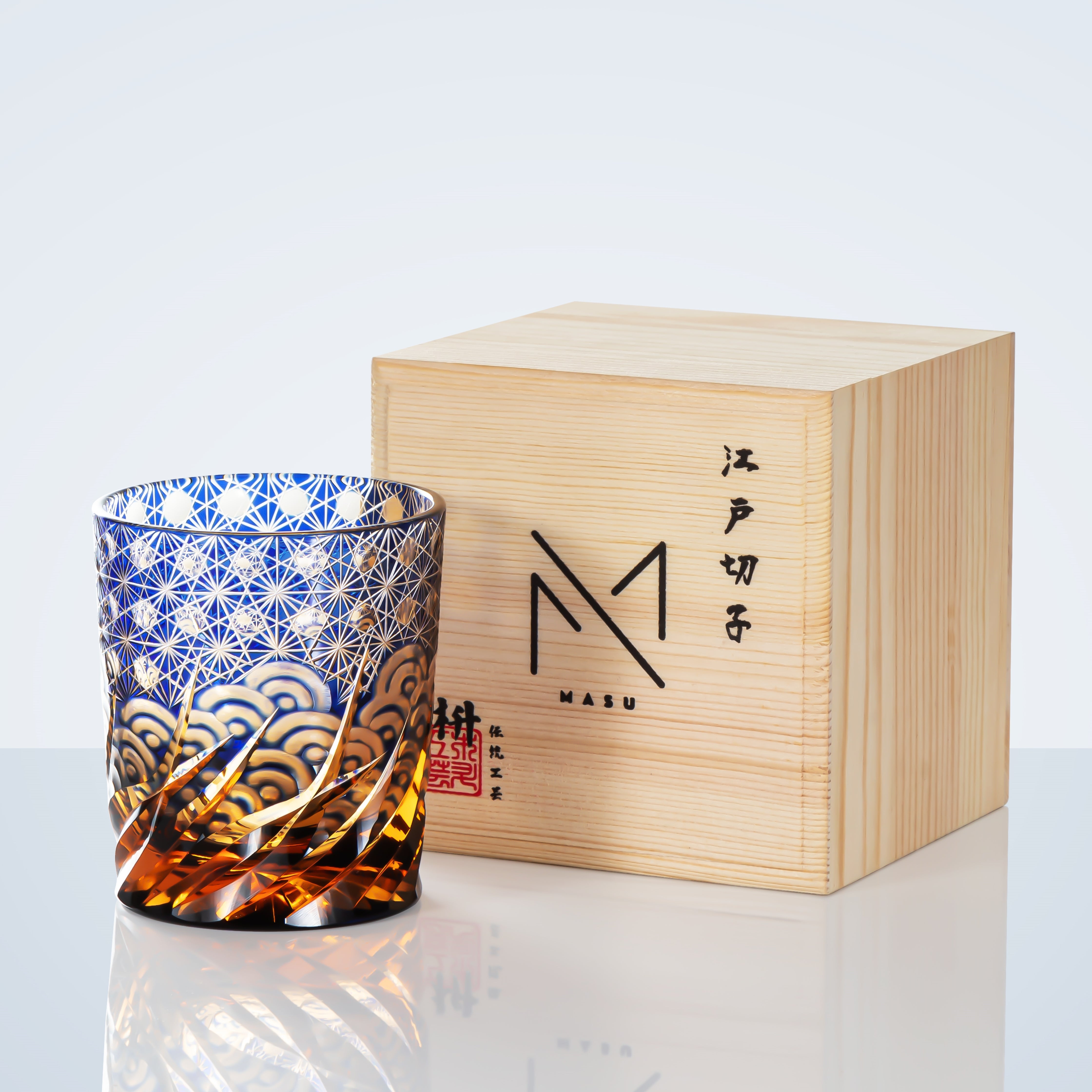 Whiskeyglas Edo Kiriko Blauw Amber Handgemaakt Sterchysant Sterrenzee Japans Kristal | Sansoti