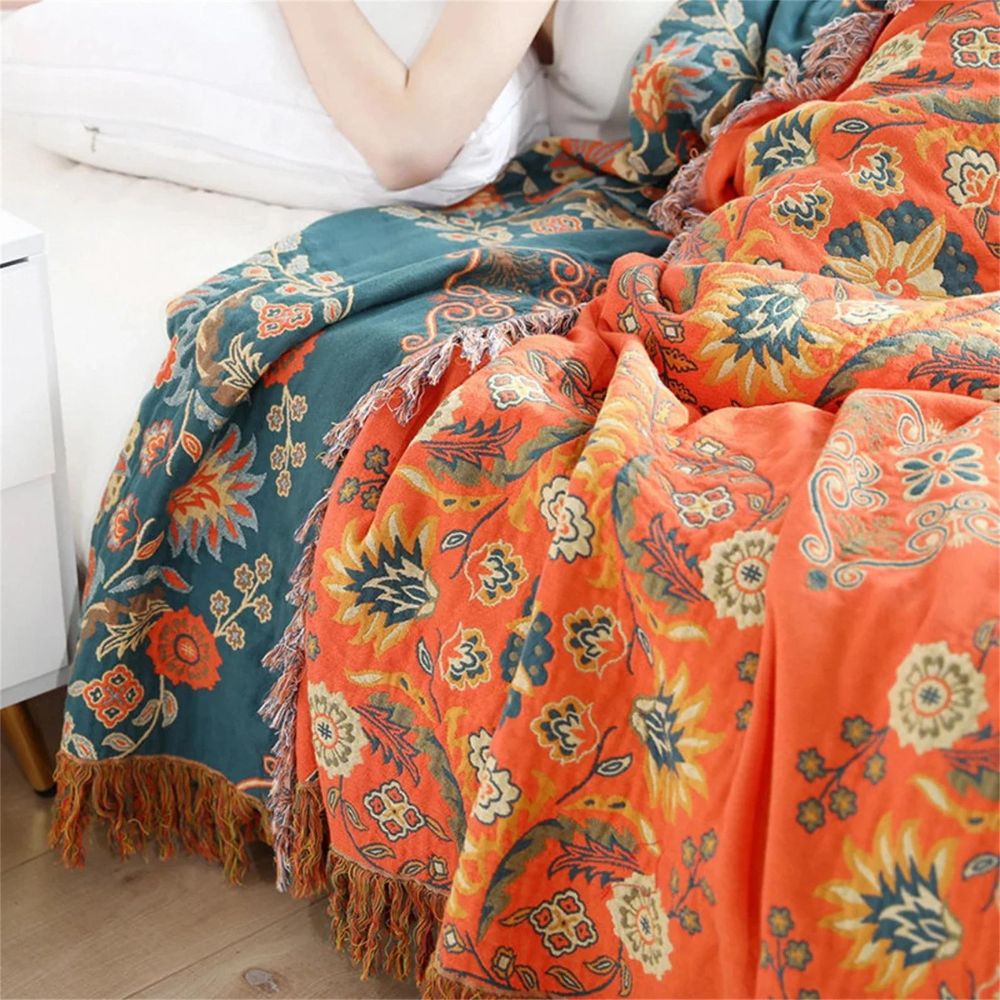Omkeerbare Katoenen Plaid Marigold – Zachte Deken met Bloemenpatroon Oranje Turquoise – Vintage Landelijke Stijl voor Bank Picknick Bed | Sansoti