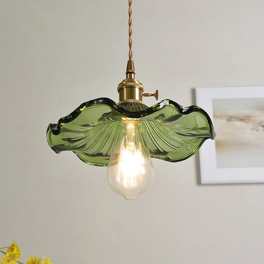 Hängelampe Glas E27 23cm Grün Messing Blumenform Esstisch Schlafzimmer Retro Beleuchtung Vintage Hängelampe | Restfield
