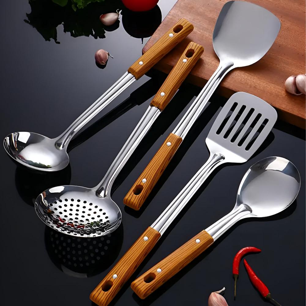 Set d’ustensiles de cuisine 5 pièces acier inoxydable manche bois résistant à la chaleur | Restfield