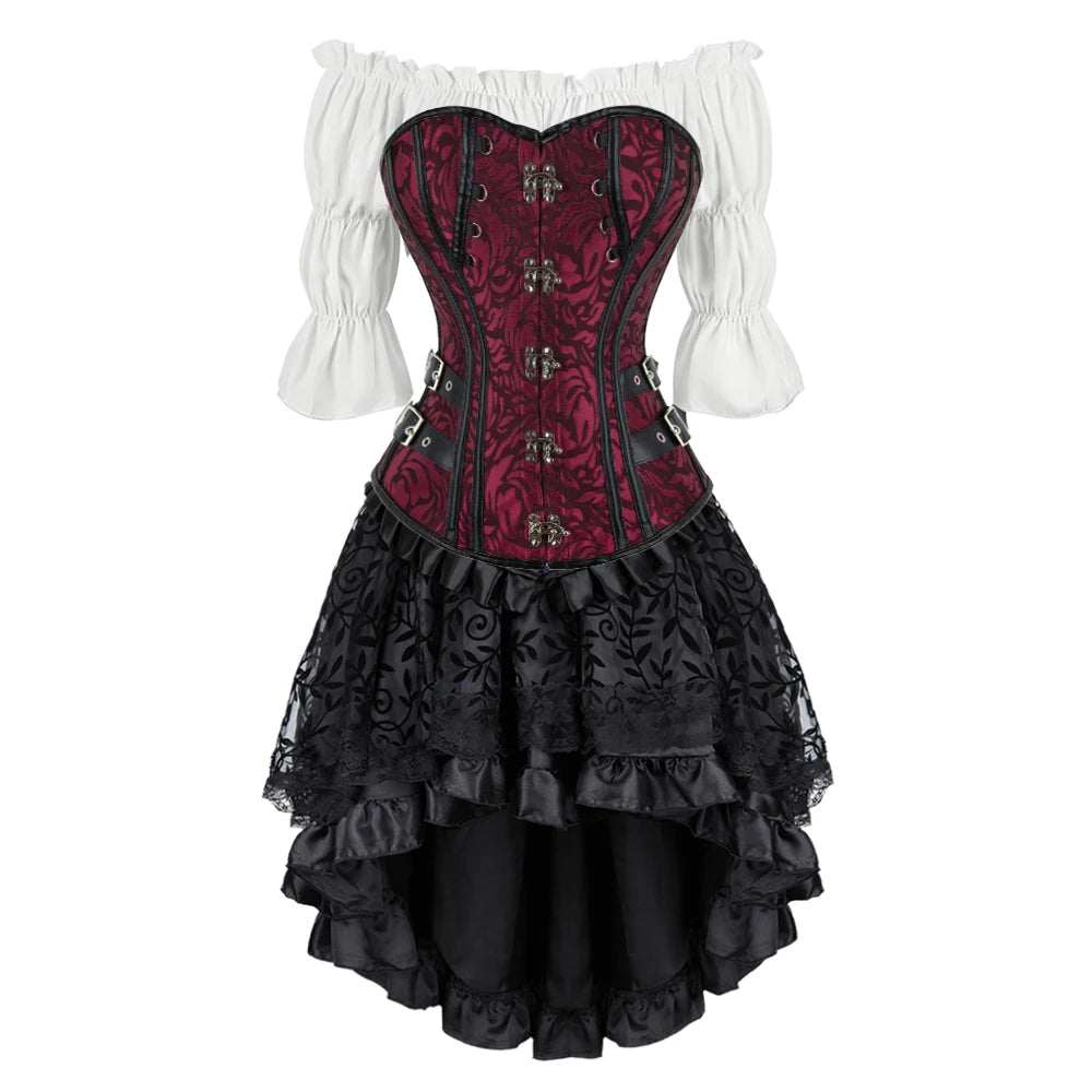 Pirate Corset Costume Set Faux Leather Off-Shoulder Blouse Layered Skirt Steampunk Gothic Halloween Costume | Sansoti