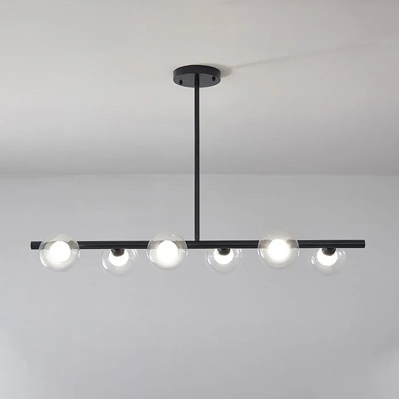 Suspension linéaire en verre bullé, 5 ou 6 points lumineux, noir et doré, salle à manger, îlot de cuisine, style nordique scandinave | Sansoti