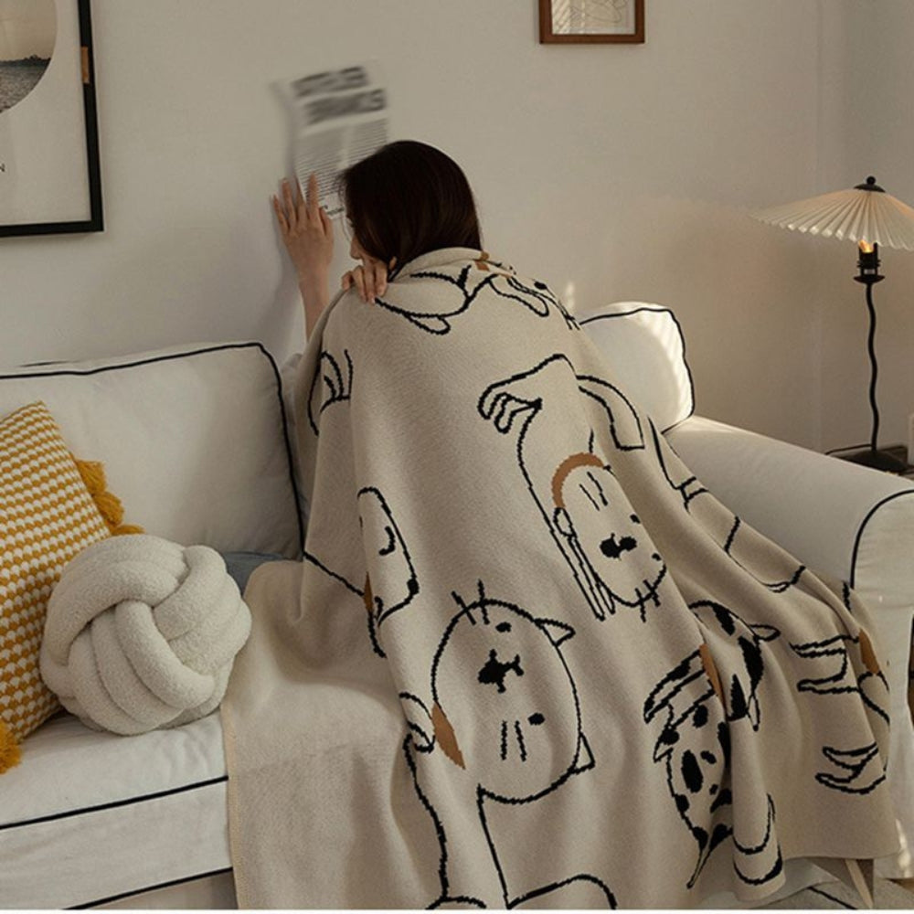 Baumwolldecke mit Jacquard-Katzenmuster – Atmungsaktiv & weich für Sofa und Bett – 130x170cm Wohndecke | Sansoti