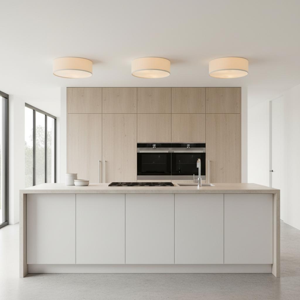 Linen ceiling lamp with drum shade, modern design, E27 socket, Scandinavian style, bedroom, living room | Sansoti