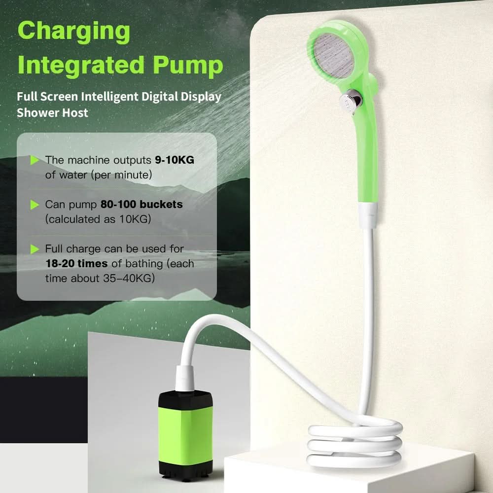 Tragbare Campingdusche mit digitalem Display, wiederaufladbarem 6000-mAh-Akku und einstellbarem Strahl für Reisen und Camping | Sansoti